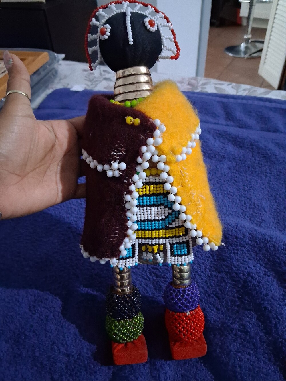 Handcrafted Beaded African Doll with Yellow and Brown Felt Cape